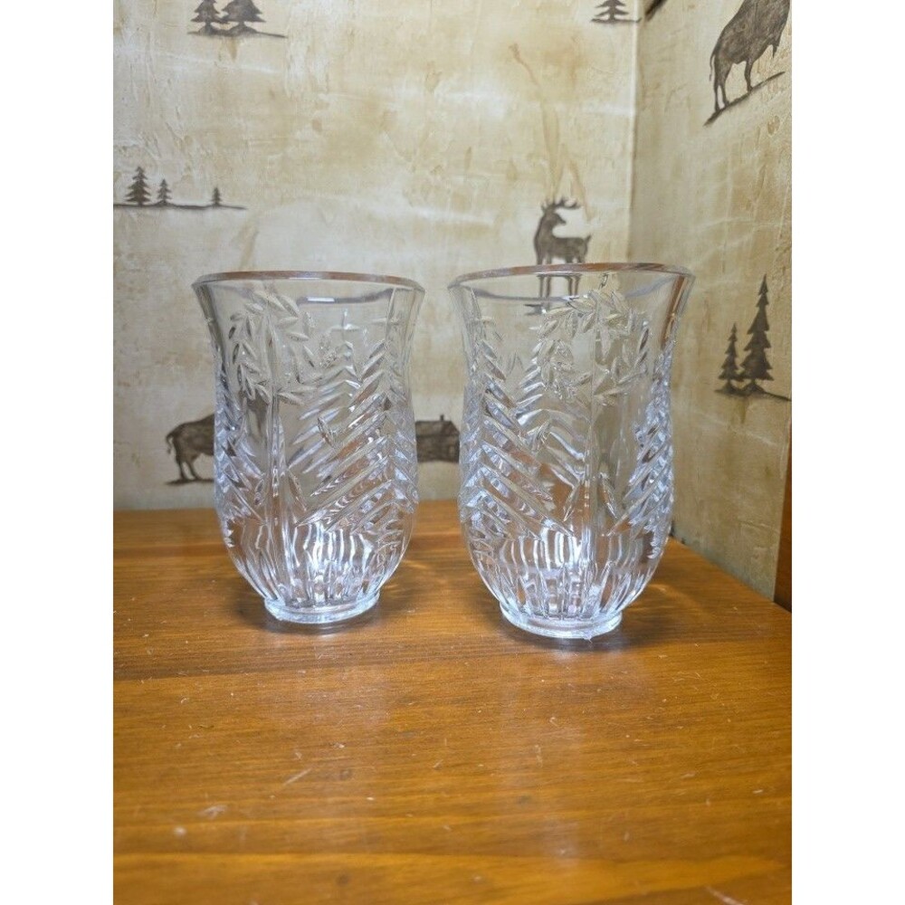 Set 2 Vintage Glass Hurricane Candle Shades Clear Pressed Glass Tree Wreath 6.5"